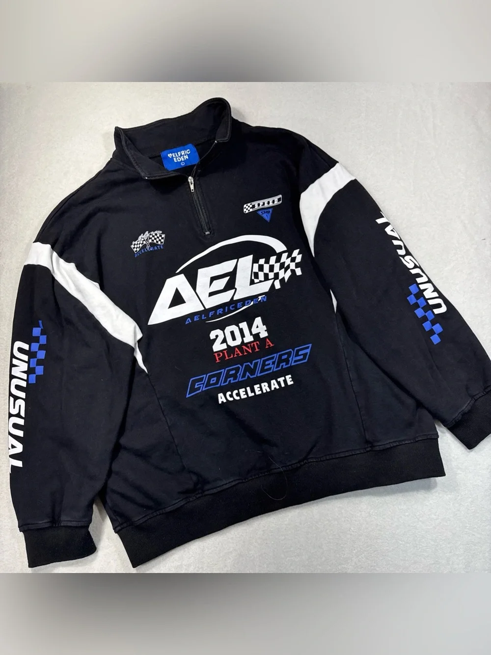 Aelfric Eden Black Racing Graphic Half-Zip Sweater with White & Blue Accents Lrg